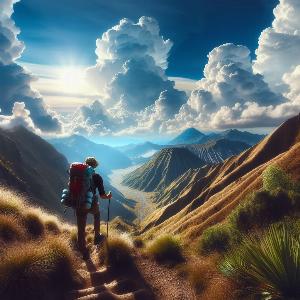 backpacker hiking up a mountain on blue sky with puffy white clouds-2